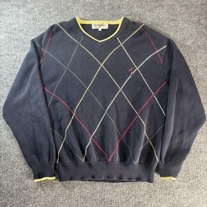 Modango Golf Sweater Mens Medium Blue Argyle V‎ Neck Knit Pullover Logo